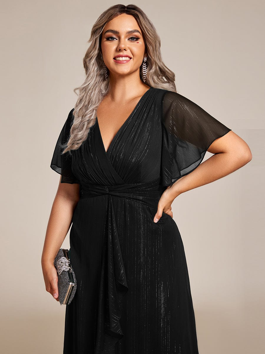 Plus Size Metallic Silver Fabric Short-Sleeved V-Neck A-Line Dress with Ruffled Hem #color_Black