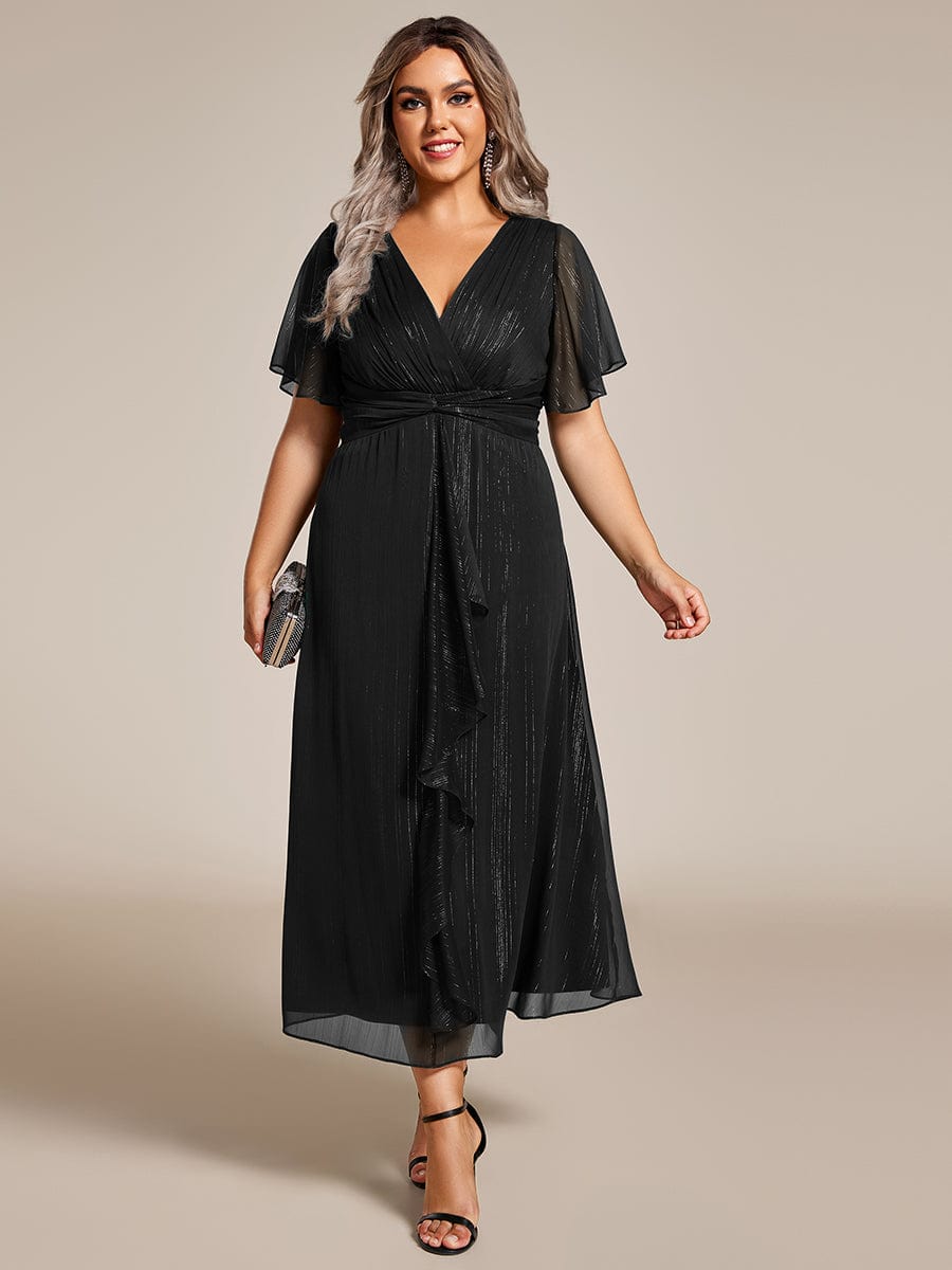 Plus Size Metallic Silver Fabric Short-Sleeved V-Neck A-Line Dress with Ruffled Hem #color_Black