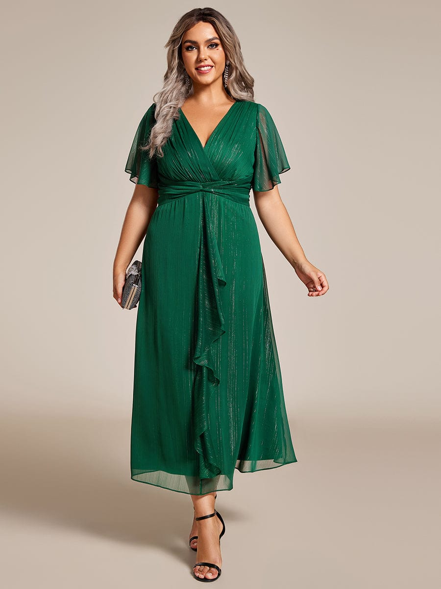 Plus Size Metallic Silver Fabric Short-Sleeved V-Neck A-Line Dress with Ruffled Hem #color_Dark Green