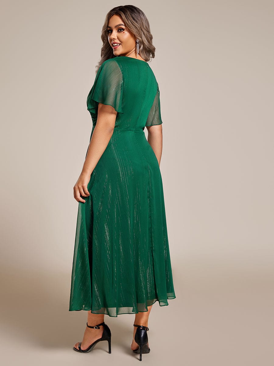 Metallic Silver Fabric Short-Sleeved V-Neck A-Line Dress with Ruffled Hem #color_Dark Green