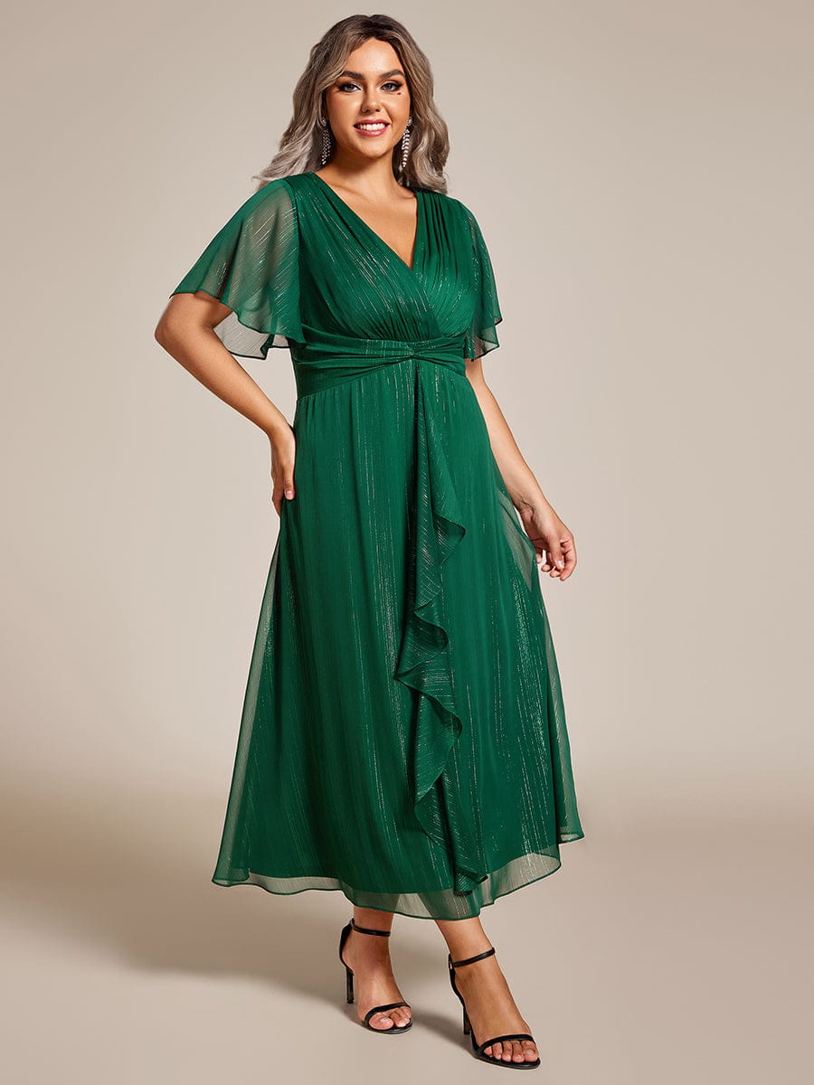 Plus Size Metallic Silver Fabric Short-Sleeved V-Neck A-Line Dress with Ruffled Hem #color_Dark Green