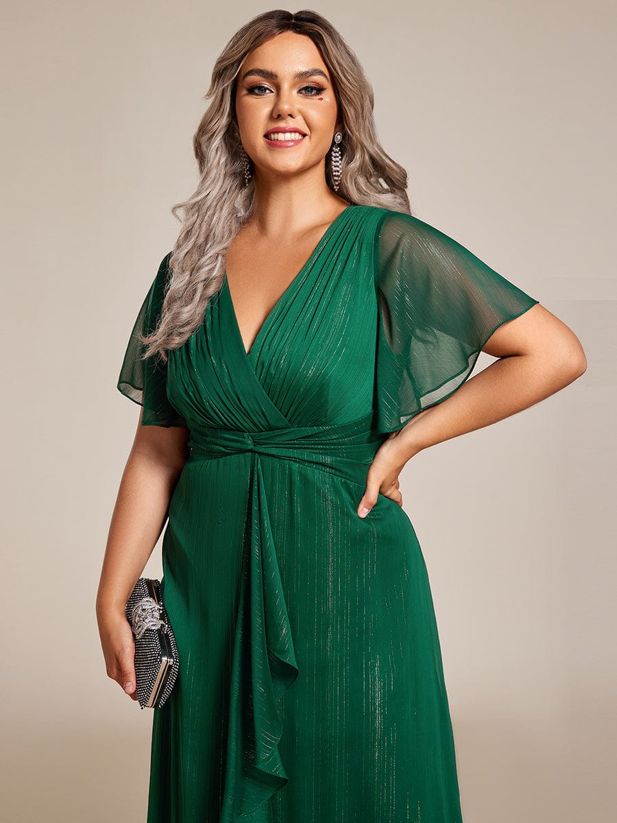 Plus Size Metallic Silver Fabric Short-Sleeved V-Neck A-Line Dress with Ruffled Hem #color_Dark Green