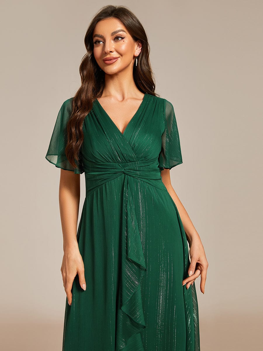 Metallic Silver Fabric Short-Sleeved V-Neck A-Line Dress with Ruffled Hem #color_Dark Green