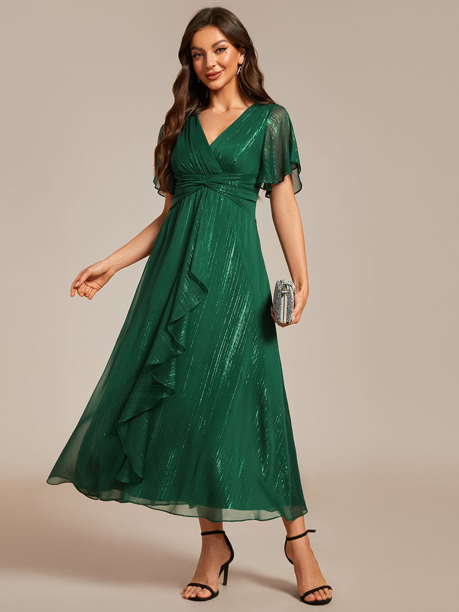 Metallic Silver Fabric Short-Sleeved V-Neck A-Line Dress with Ruffled Hem #color_Dark Green