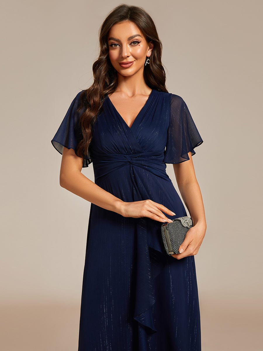 Metallic Silver Fabric Short-Sleeved V-Neck A-Line Dress with Ruffled Hem #color_Navy Blue