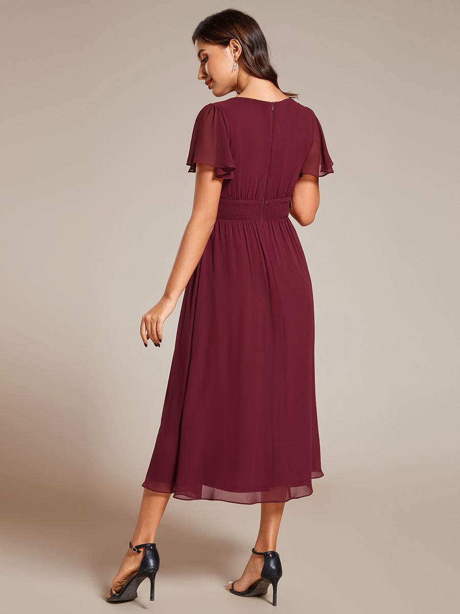 Elegant V Neck Long Sleeves Midi Wedding Guest Dress #color_Burgundy