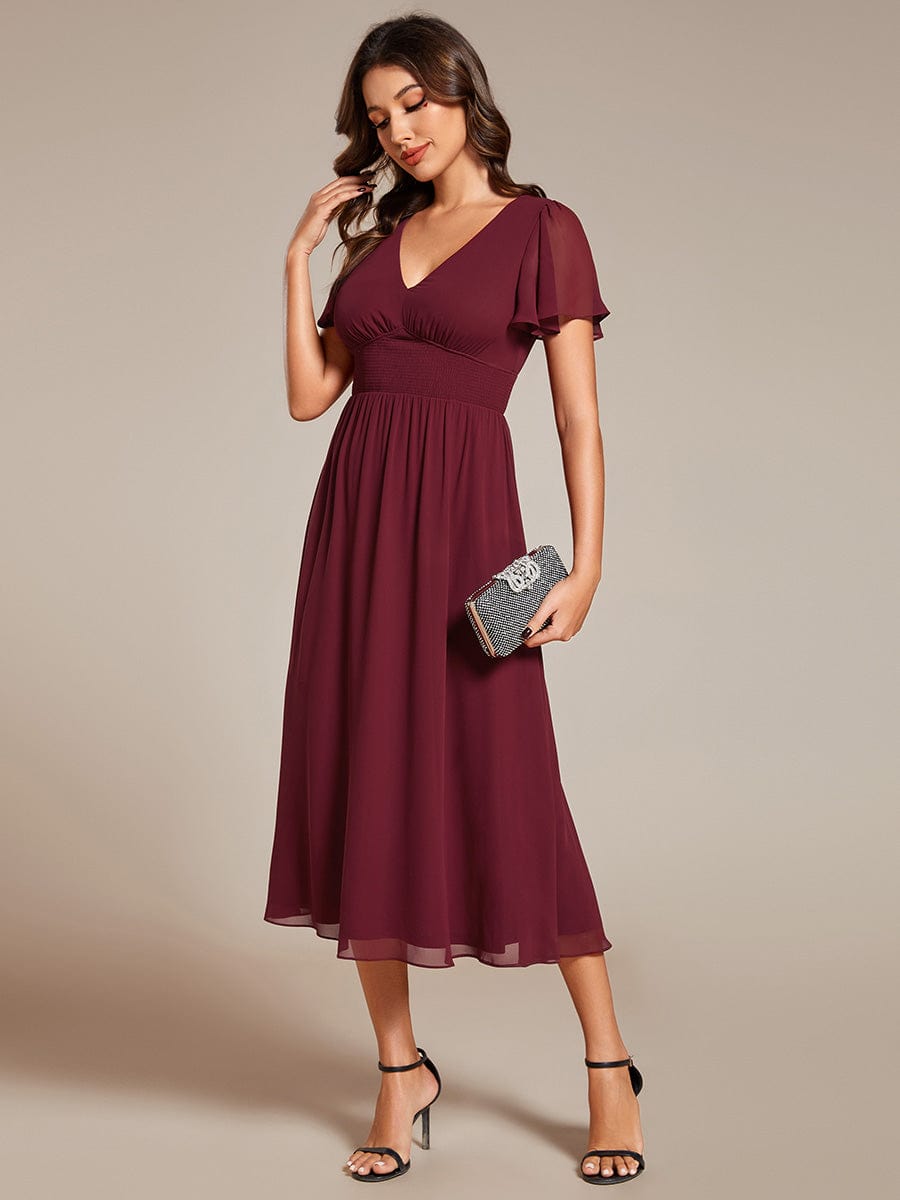 Elegant V Neck Long Sleeves Midi Wedding Guest Dress #color_Burgundy