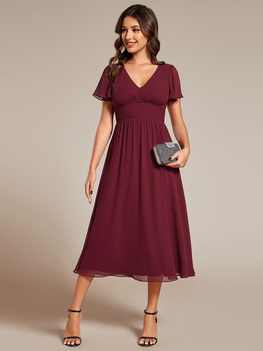 Midi V-Neck Empire Waist Ruffle Sleeves Wedding Guest Dress #color_Burgundy