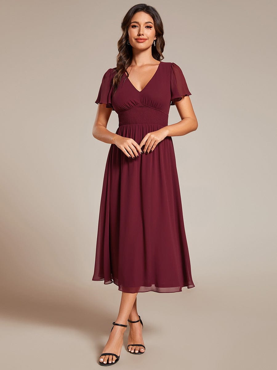 Elegant V Neck Long Sleeves Midi Wedding Guest Dress #color_Burgundy