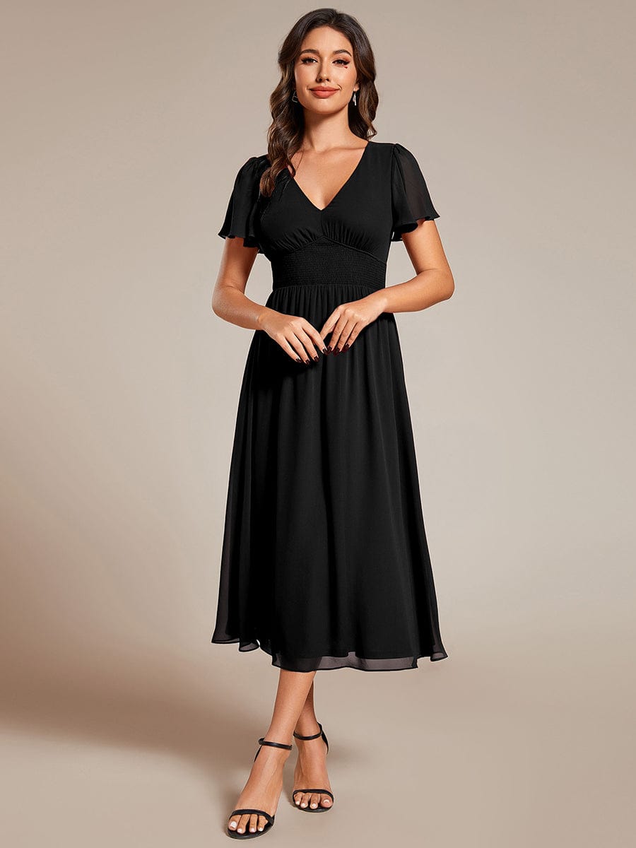 Midi V-Neck Empire Waist Ruffle Sleeves Wedding Guest Dress #color_Black