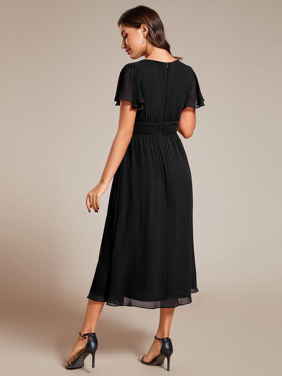 Midi V-Neck Empire Waist Ruffle Sleeves Wedding Guest Dress #color_Black