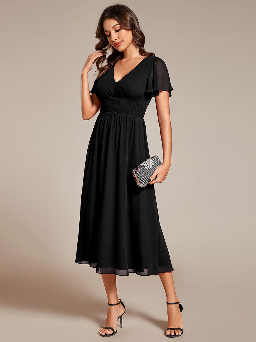 Midi V-Neck Empire Waist Ruffle Sleeves Wedding Guest Dress #color_Black