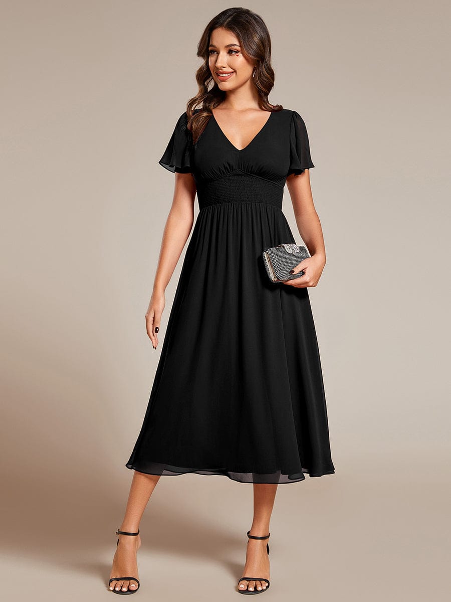 Midi V-Neck Empire Waist Ruffle Sleeves Wedding Guest Dress #color_Black