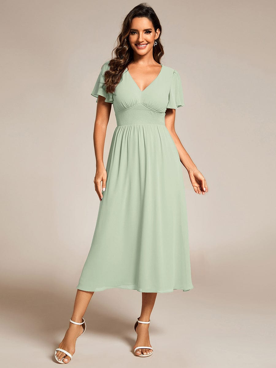 Midi V-Neck Empire Waist Ruffle Sleeves Wedding Guest Dress #color_Mint Green