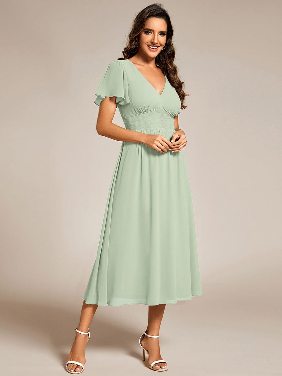 Midi V-Neck Empire Waist Ruffle Sleeves Wedding Guest Dress #color_Mint Green