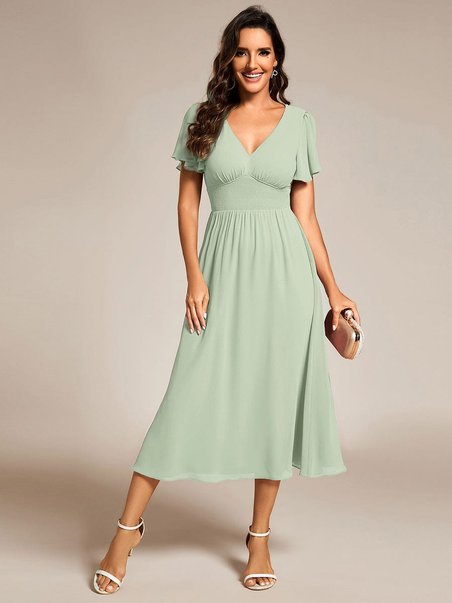 Midi V-Neck Empire Waist Ruffle Sleeves Wedding Guest Dress #color_Mint Green