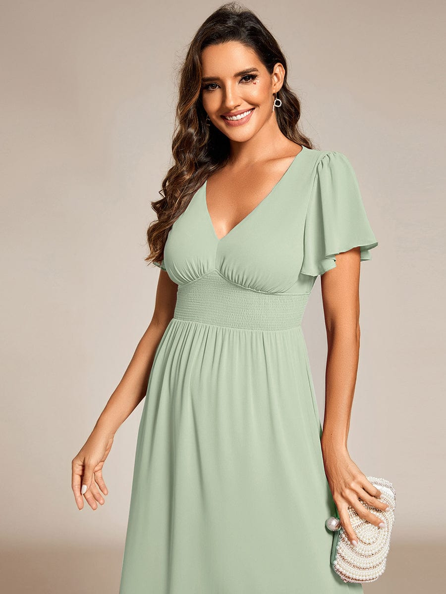 Midi V-Neck Empire Waist Ruffle Sleeves Wedding Guest Dress #color_Mint Green