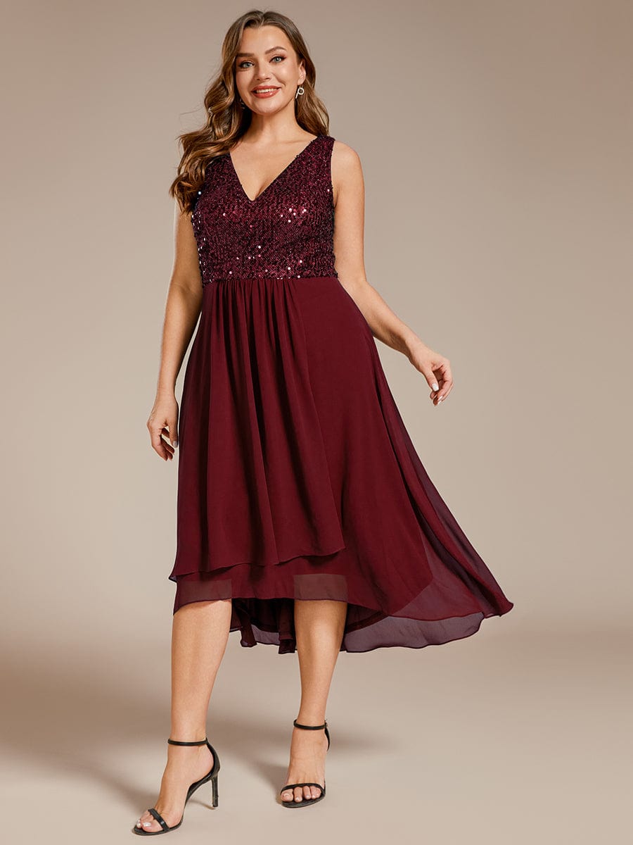 Elegant Sleeveless V-Neck Sequin Bodice Chiffon Wedding Guest Dress #color_Burgundy