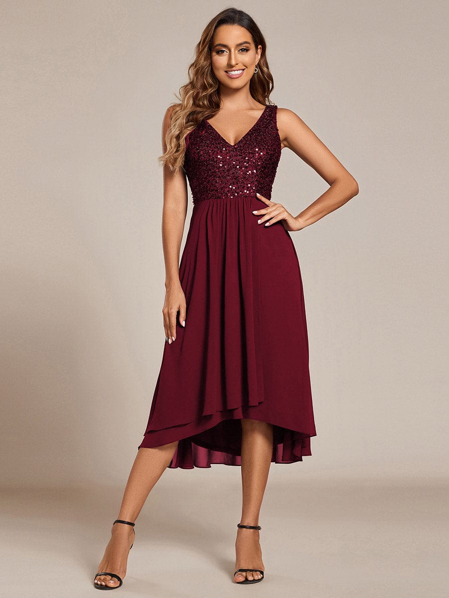 Elegant Sleeveless V Neck Sequin Bodice Chiffon Wedding Guest Dress