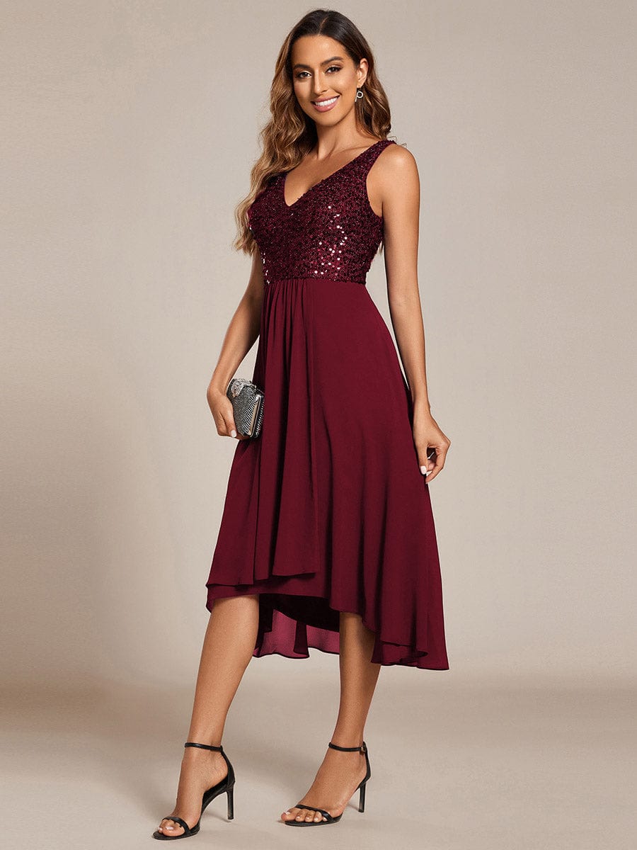 Elegant Sleeveless V-Neck Sequin Bodice Chiffon Wedding Guest Dress #color_Burgundy