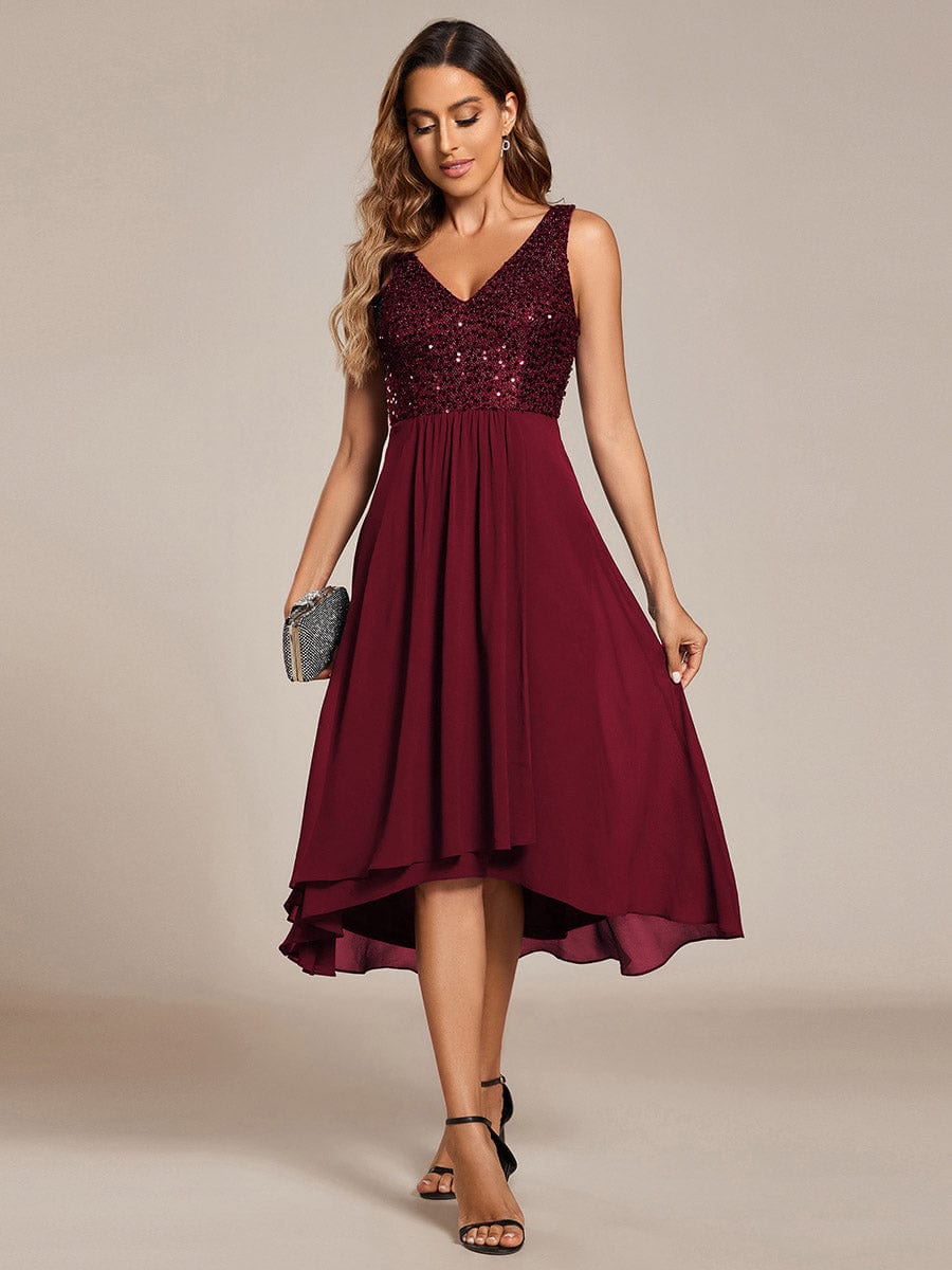 Elegant Sleeveless V-Neck Sequin Bodice Chiffon Wedding Guest Dress #color_Burgundy