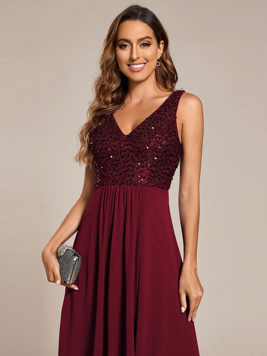 Elegant Sleeveless V-Neck Sequin Bodice Chiffon Wedding Guest Dress #color_Burgundy