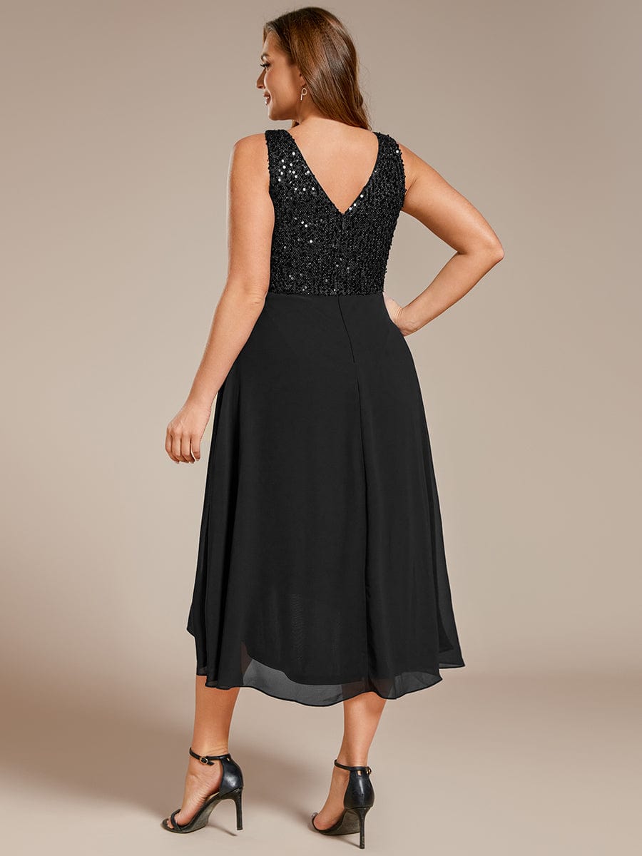 Elegant Sleeveless V-Neck Sequin Bodice Chiffon Wedding Guest Dress #color_Black