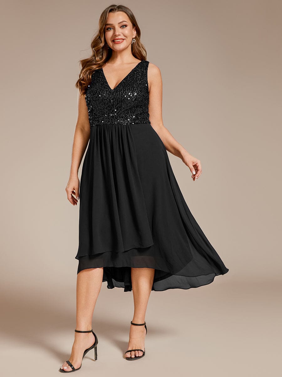 Elegant Sleeveless V-Neck Sequin Bodice Chiffon Wedding Guest Dress #color_Black