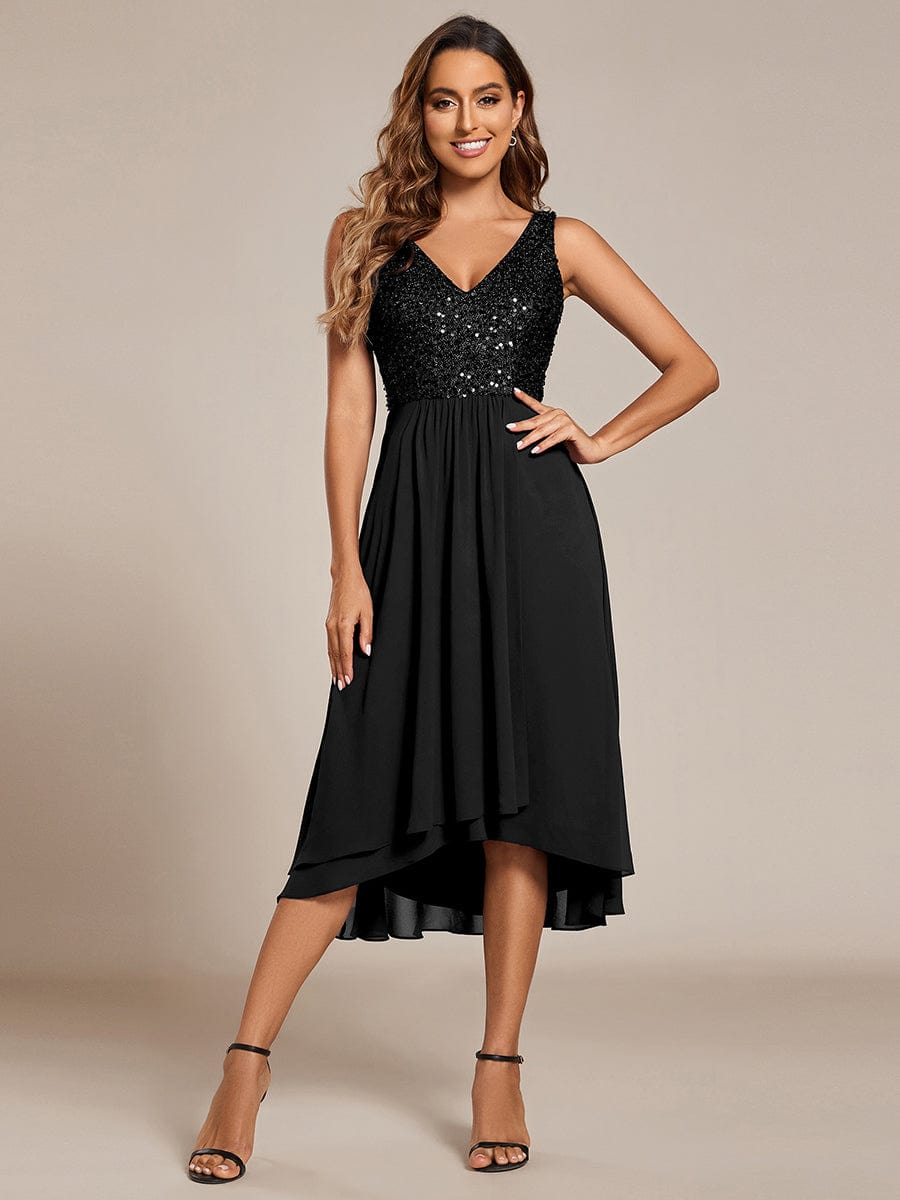 Elegant Sleeveless V-Neck Sequin Bodice Chiffon Wedding Guest Dress #color_Black