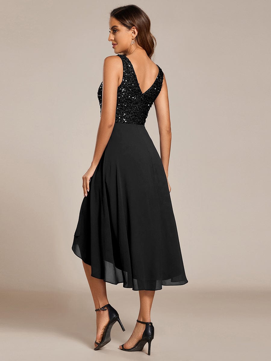 Elegant Sleeveless V-Neck Sequin Bodice Chiffon Wedding Guest Dress #color_Black