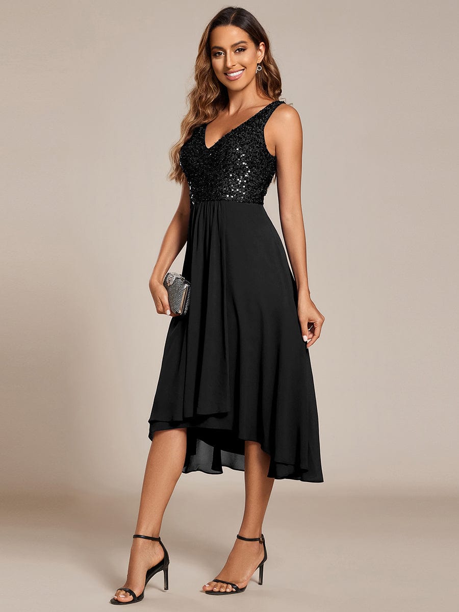 Elegant Sleeveless V-Neck Sequin Bodice Chiffon Wedding Guest Dress #color_Black