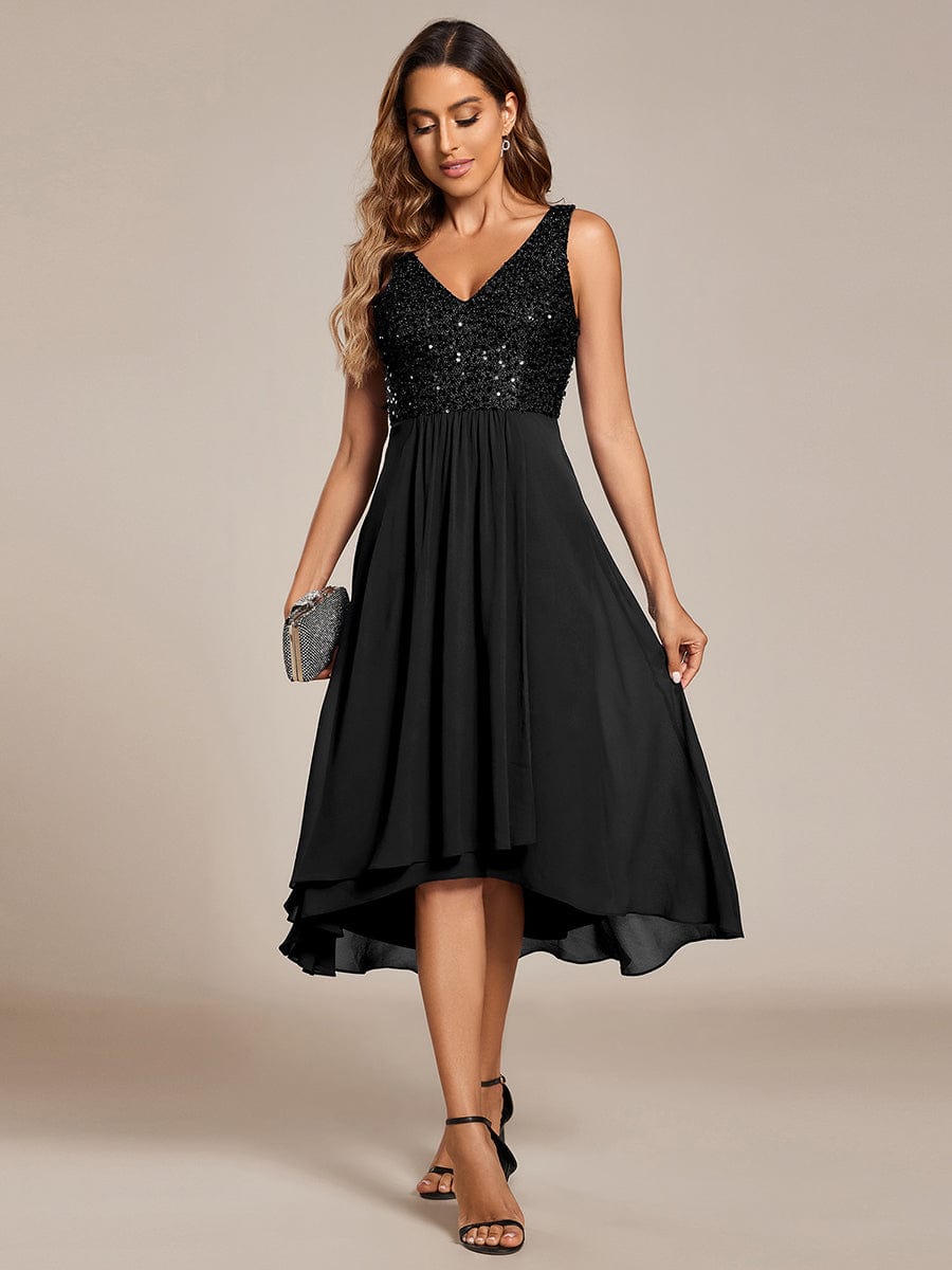 Elegant Sleeveless V-Neck Sequin Bodice Chiffon Wedding Guest Dress #color_Black