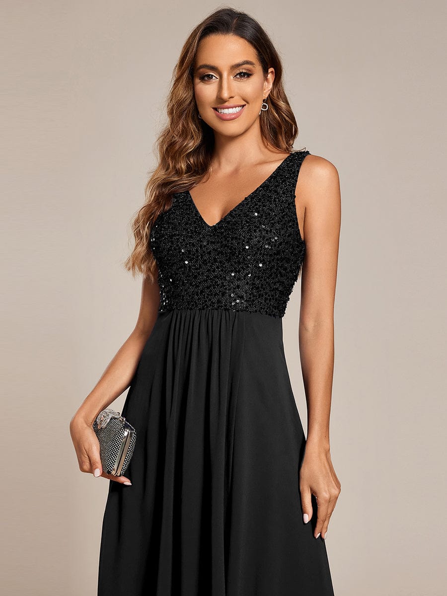 Elegant Sleeveless V-Neck Sequin Bodice Chiffon Wedding Guest Dress #color_Black