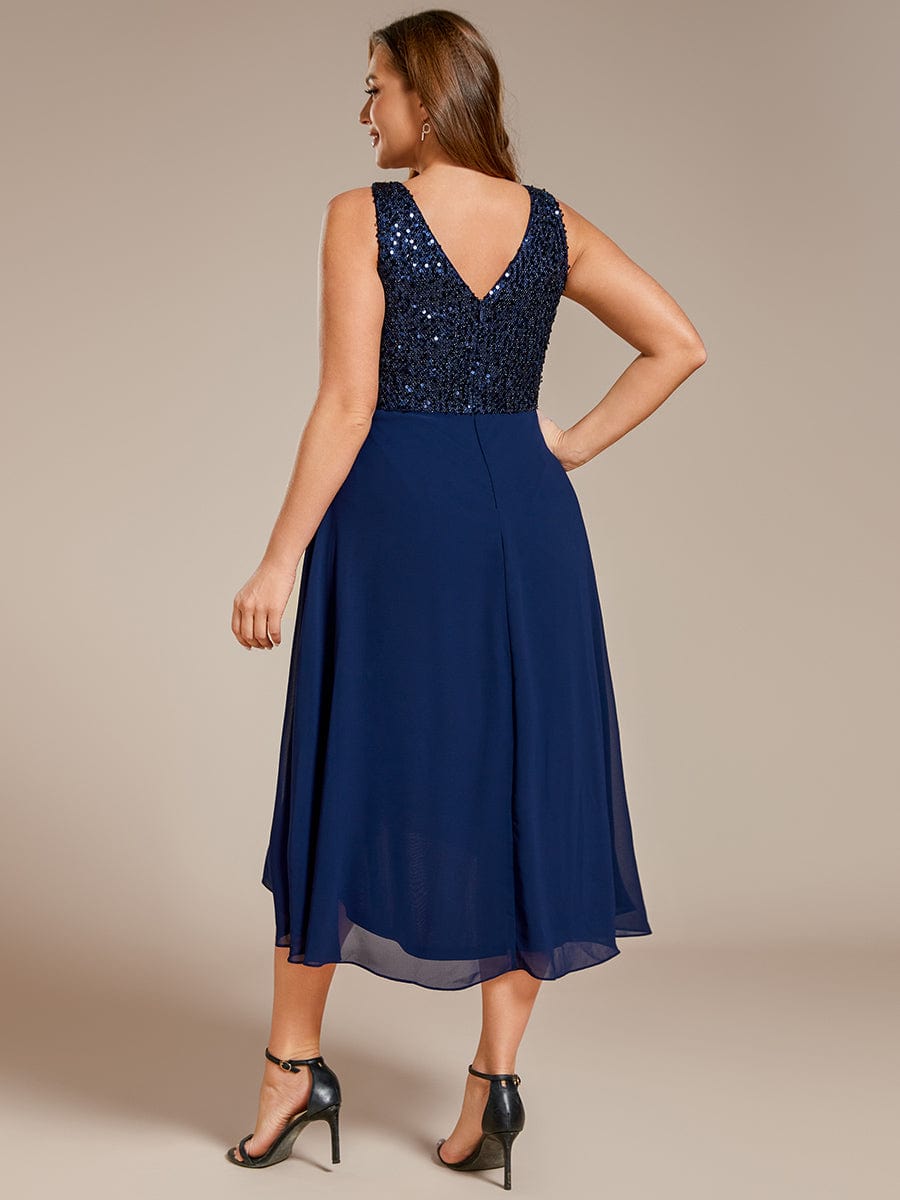 Elegant Sleeveless V-Neck Sequin Bodice Chiffon Wedding Guest Dress #color_Navy Blue