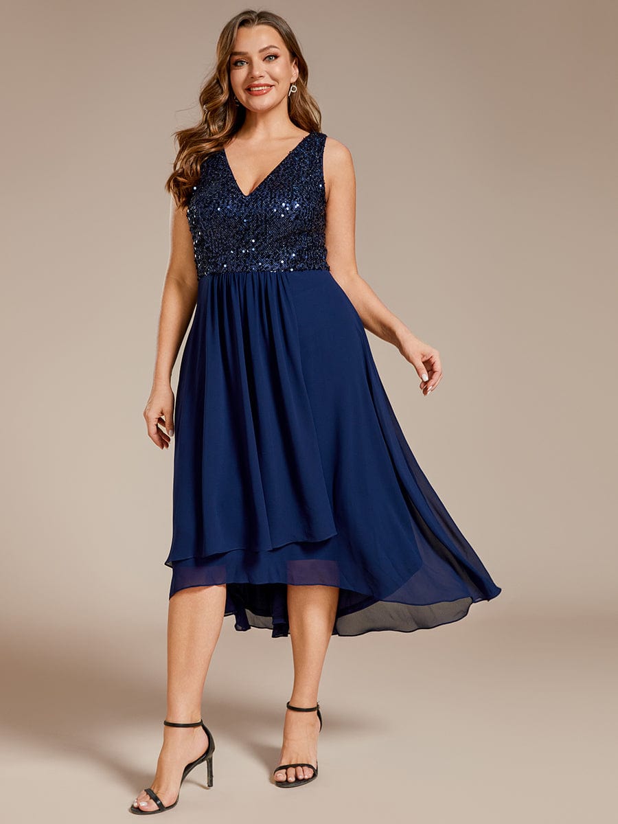 Elegant Sleeveless V-Neck Sequin Bodice Chiffon Wedding Guest Dress #color_Navy Blue