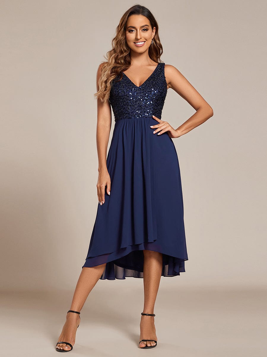 Elegant Sleeveless V-Neck Sequin Bodice Chiffon Wedding Guest Dress #color_Navy Blue