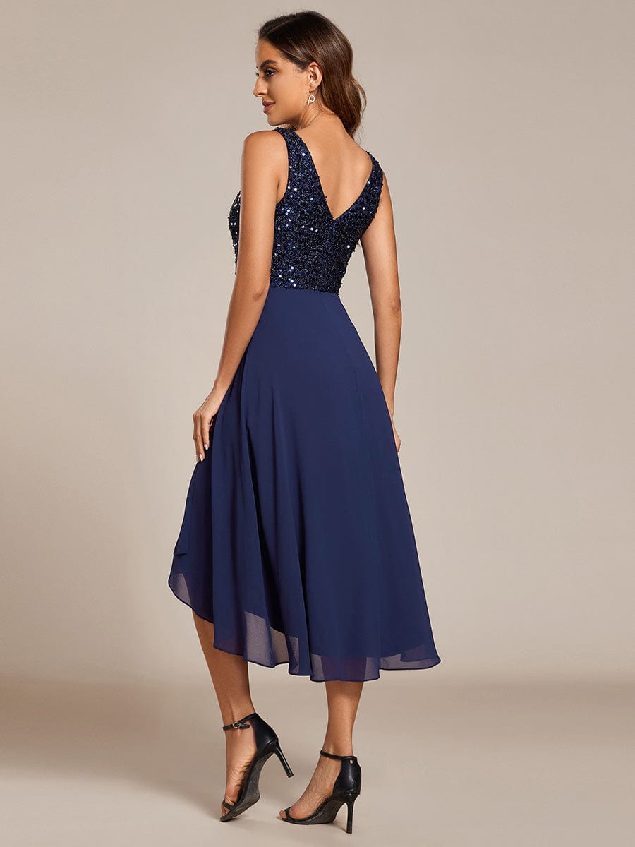 Elegant Sleeveless V-Neck Sequin Bodice Chiffon Wedding Guest Dress #color_Navy Blue