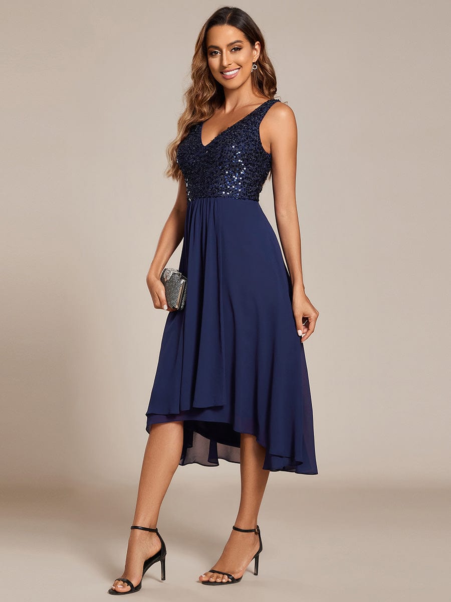 Elegant Sleeveless V-Neck Sequin Bodice Chiffon Wedding Guest Dress #color_Navy Blue