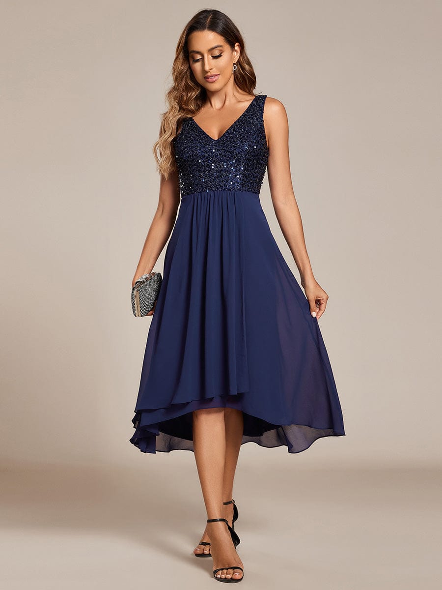 Elegant Sleeveless V-Neck Sequin Bodice Chiffon Wedding Guest Dress #color_Navy Blue