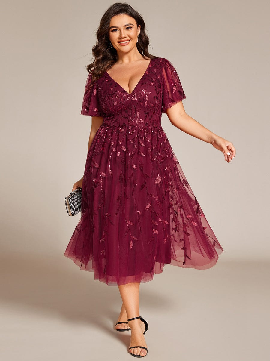 Leaf Sequin Short Sleeve Tulle Midi Wedding Guest Dress #color_Burgundy