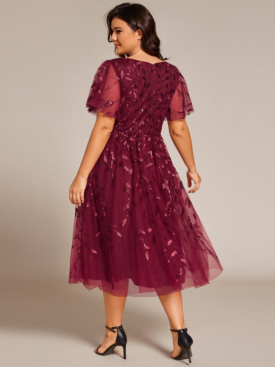 Leaf Sequin Short Sleeve Tulle Midi Wedding Guest Dress #color_Burgundy