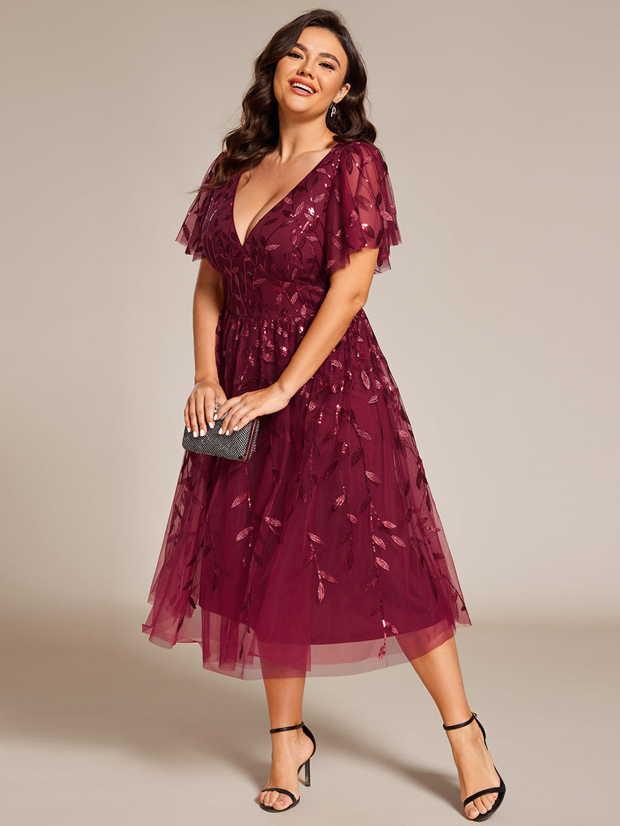 Plus SizeLeaf Sequin Short Sleeve Tulle Midi Wedding Guest Dress #color_Burgundy