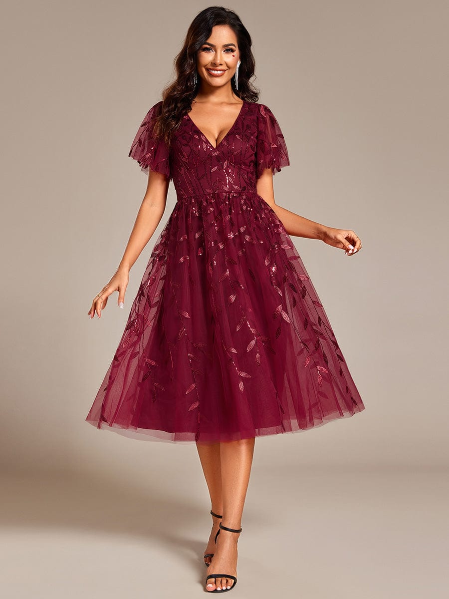 Leaf Sequin Short Sleeve Tulle Midi Wedding Guest Dress #color_Burgundy