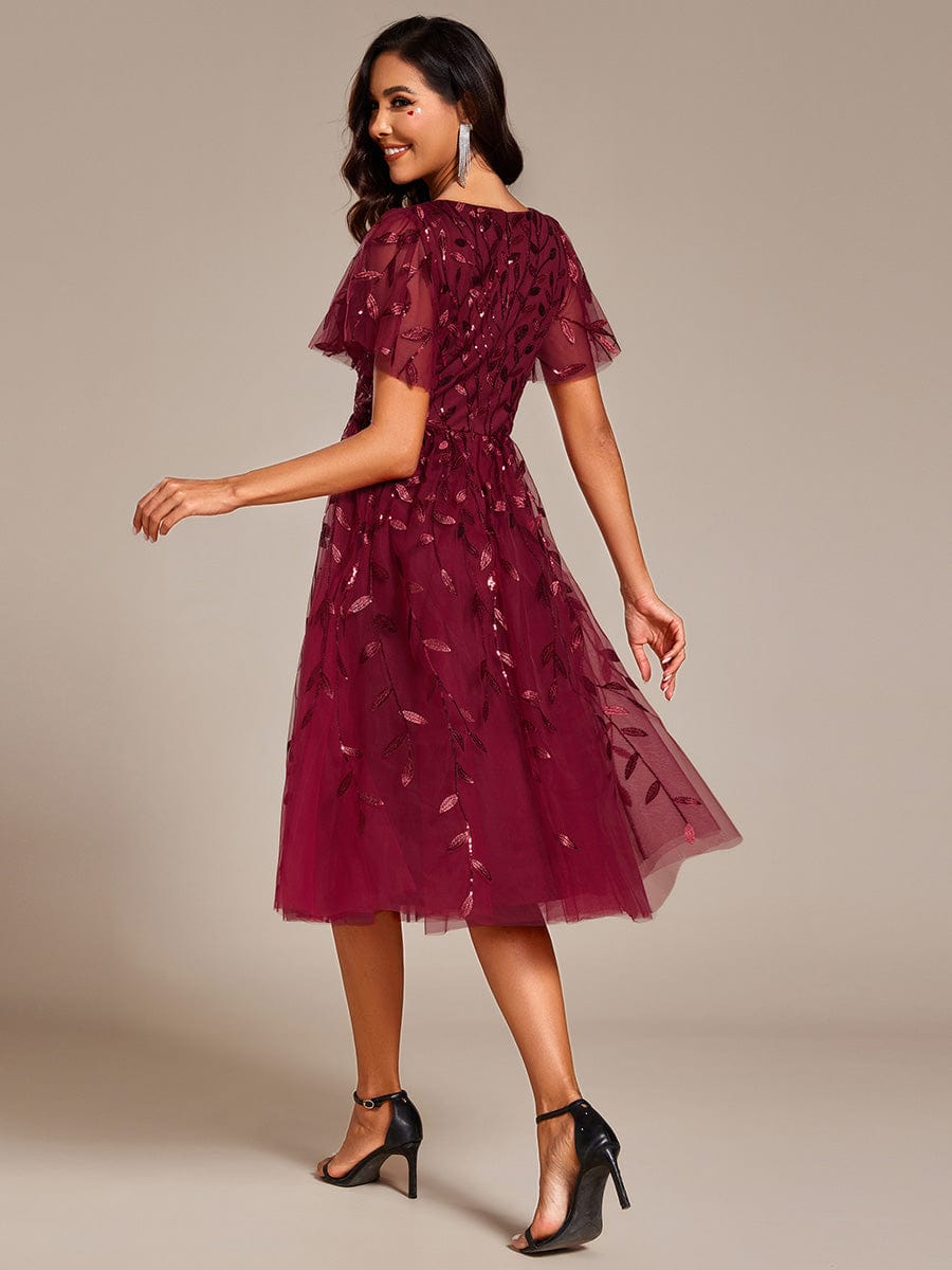 Leaf Sequin Short Sleeve Tulle Midi Wedding Guest Dress #color_Burgundy