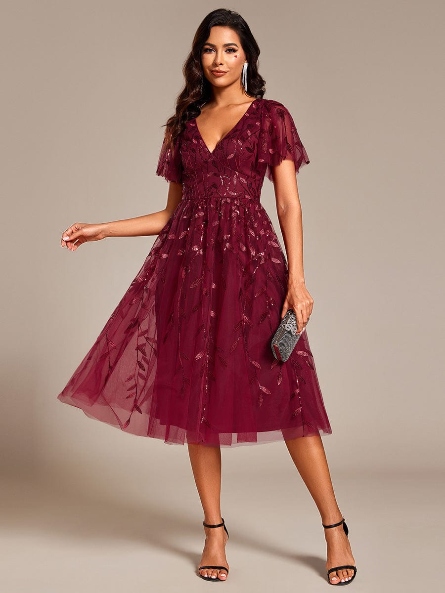 Leaf Sequin Short Sleeve Tulle Midi Wedding Guest Dress #color_Burgundy