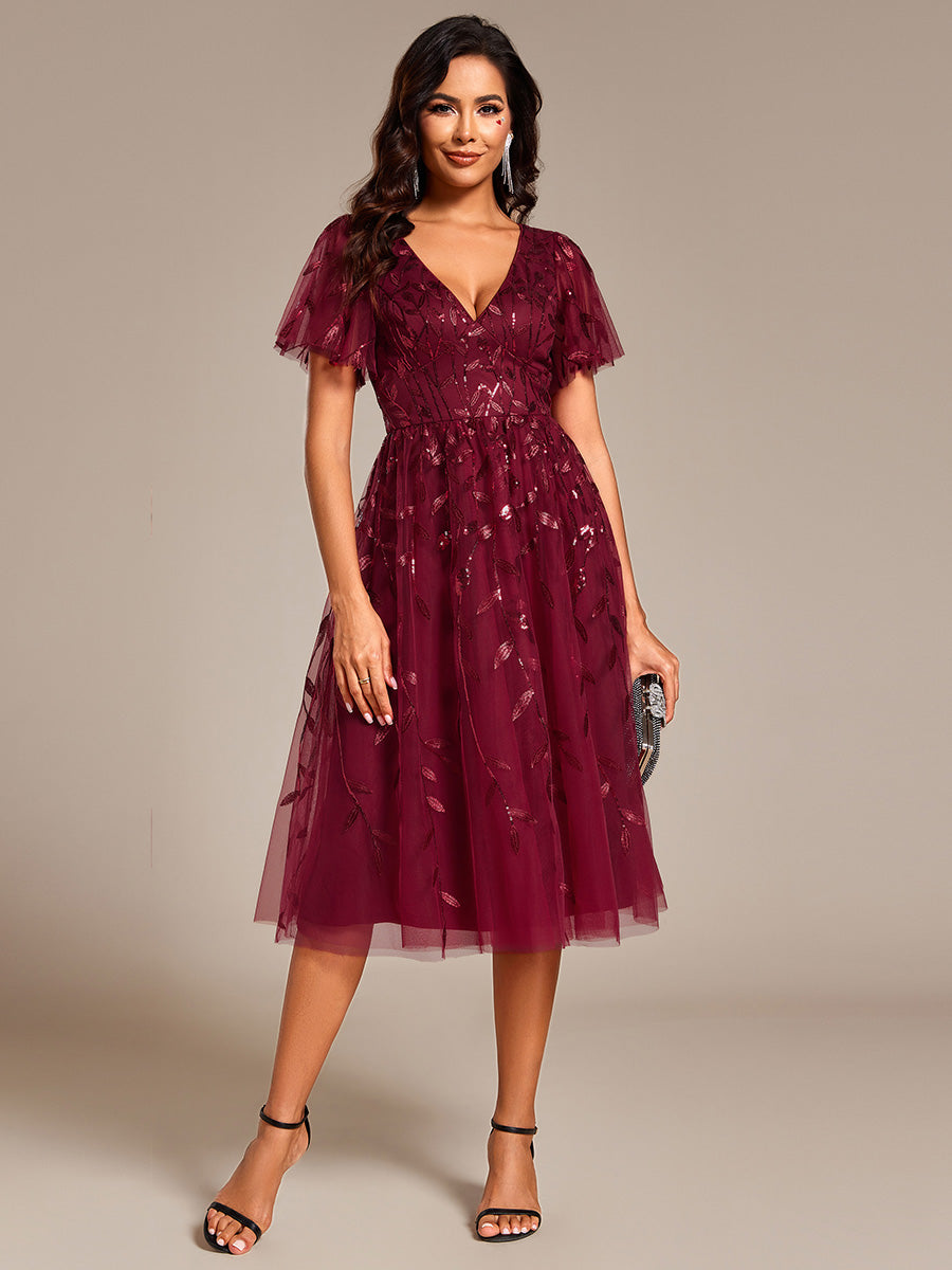 Leaf Sequin Short Sleeve Tulle Midi Wedding Guest Dress #color_Burgundy