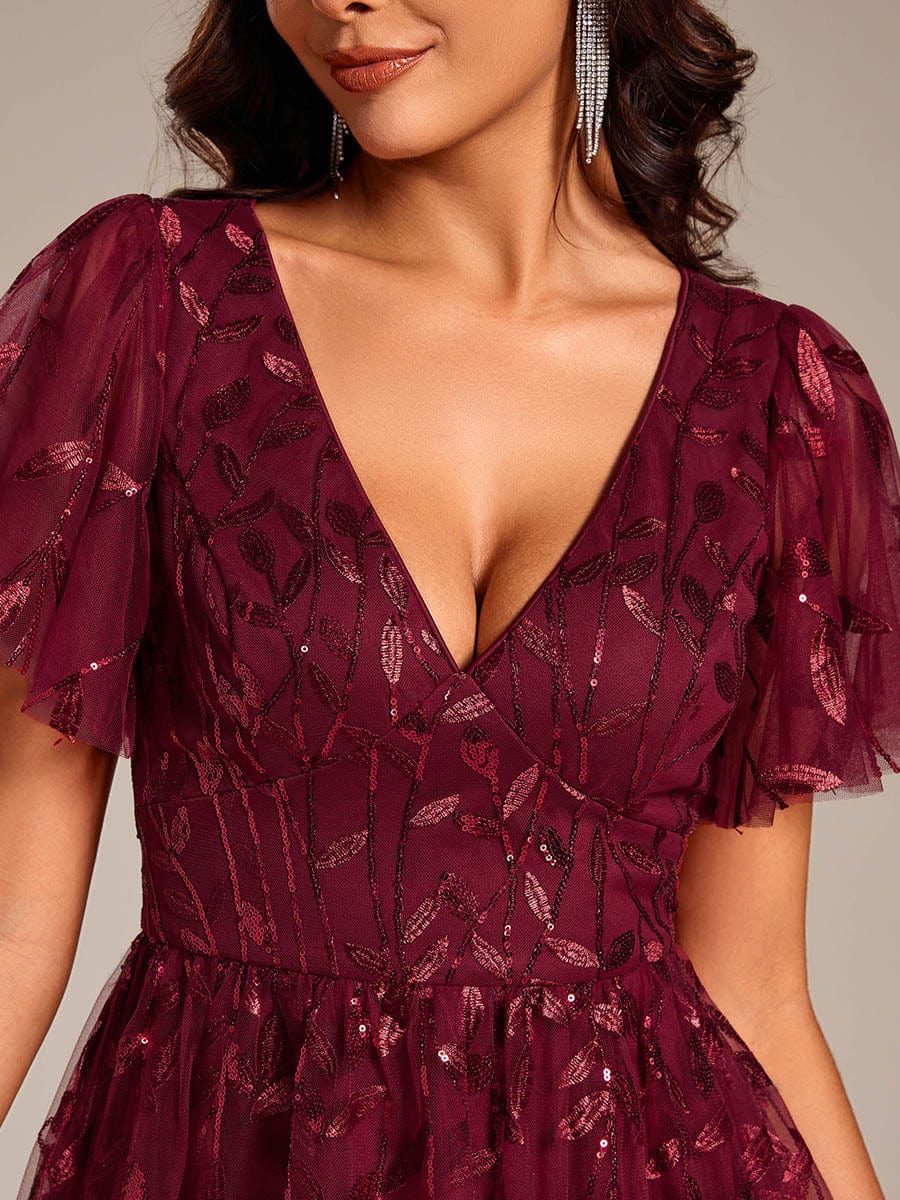 Leaf Sequin Short Sleeve Tulle Midi Wedding Guest Dress #color_Burgundy