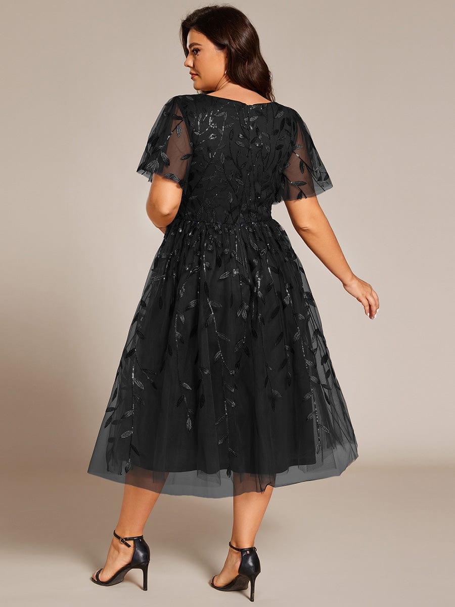 Leaf Sequin Short Sleeve Tulle Midi Wedding Guest Dress #color_Black