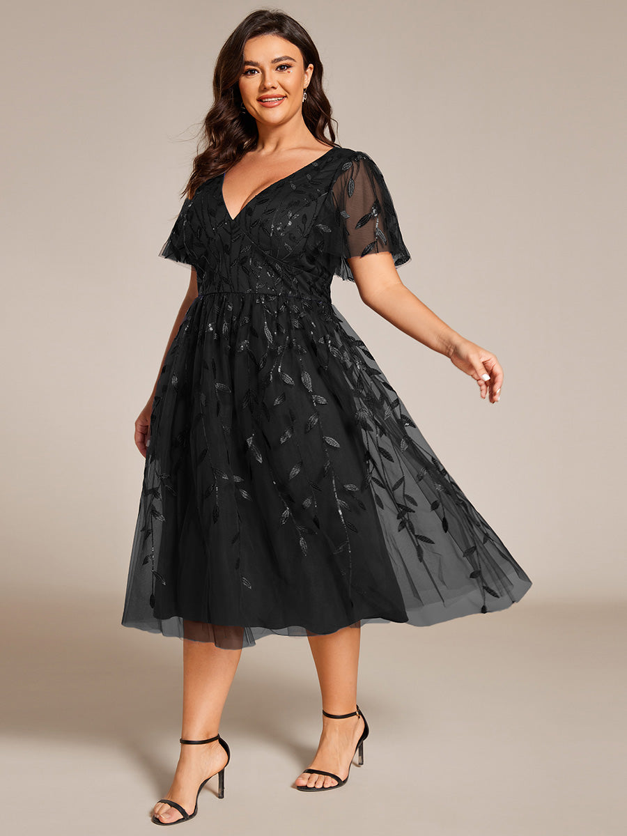 Plus SizeLeaf Sequin Short Sleeve Tulle Midi Wedding Guest Dress #color_Black