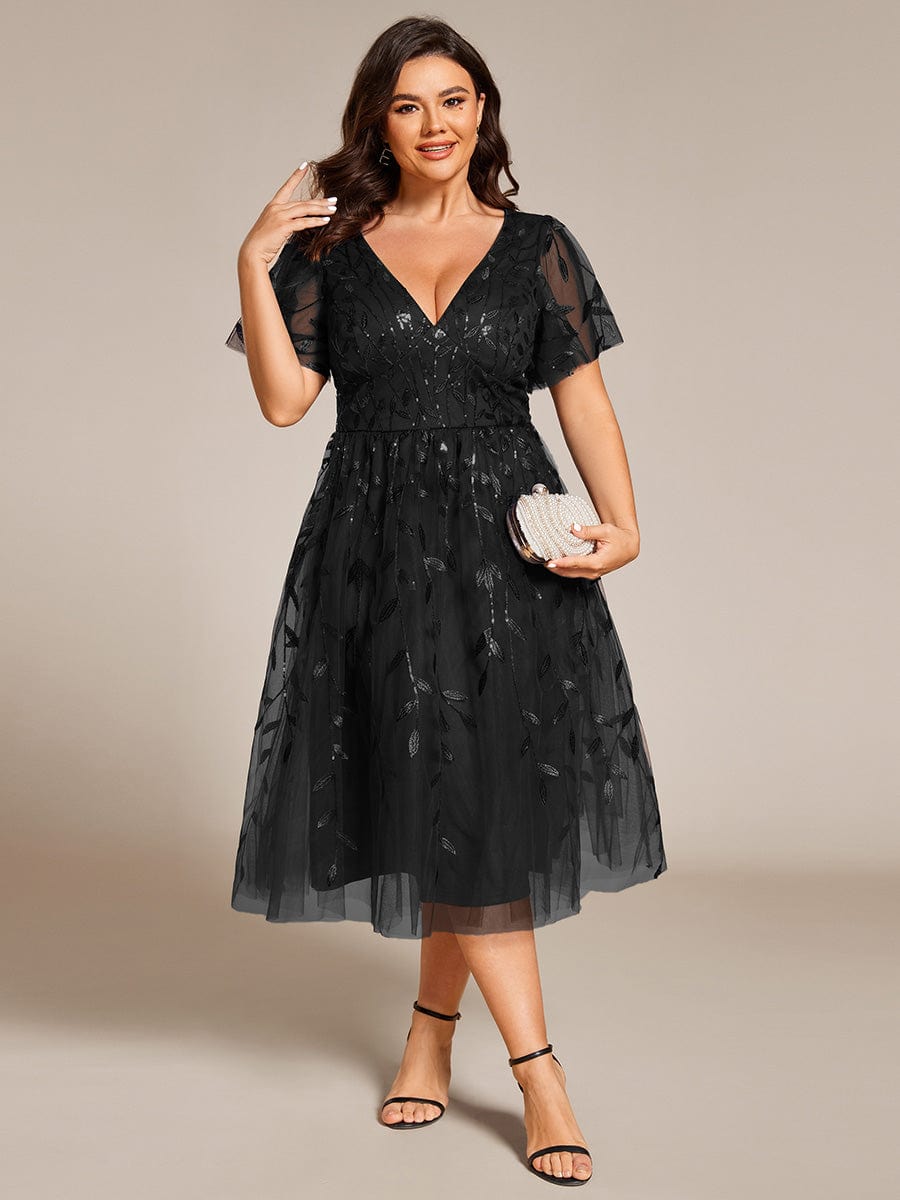 Leaf Sequin Short Sleeve Tulle Midi Wedding Guest Dress #color_Black